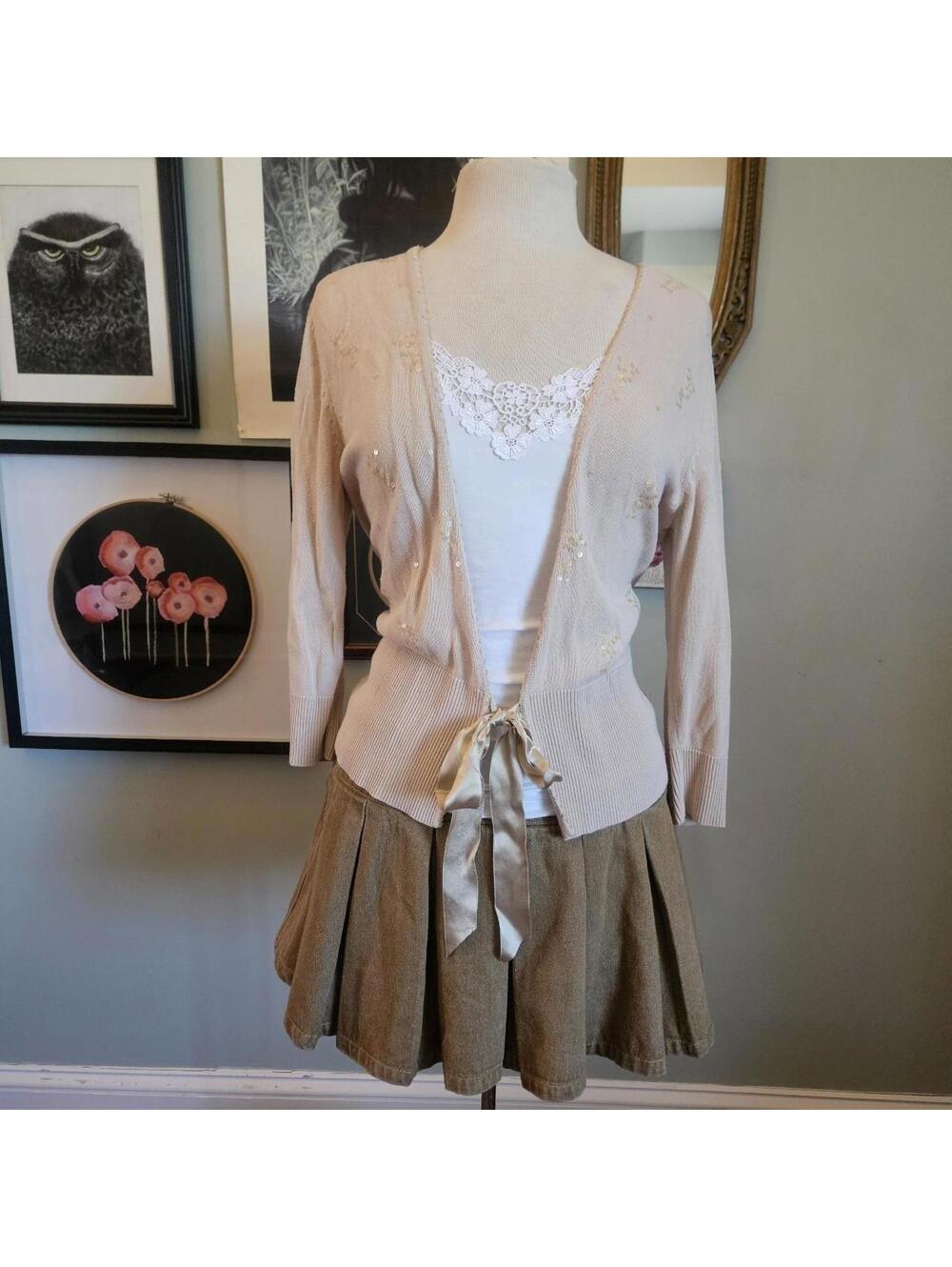 vintage sequined cream cardigan with ribbon tie